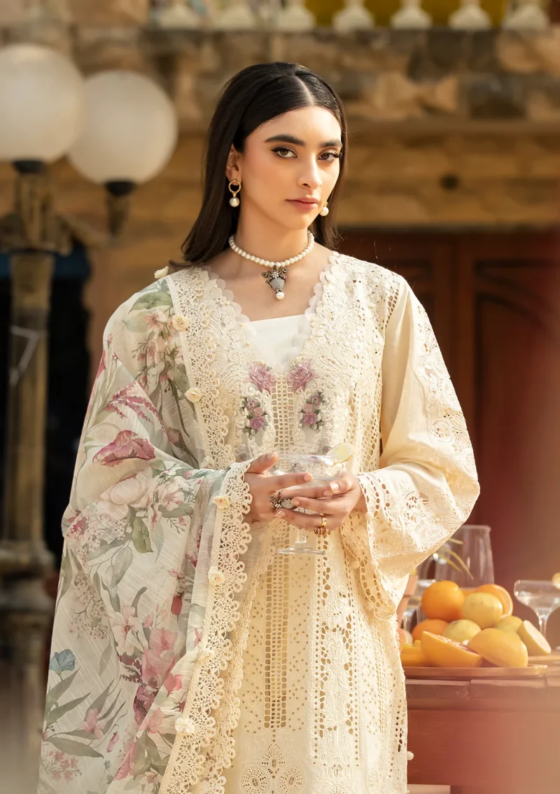 ELAF | Luxury | Lawn 25 |Off White | Unstitched |  Festive wear | Kohinoor | ELM-11 | 3 pc set. - Image 3